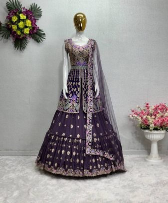 Bridal Wear Heavy Chine Stitch Work Indo Western Lehengas With Dupatta