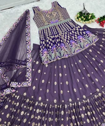 Bridal Wear Heavy Chine Stitch Work Indo Western Lehengas With Dupatta