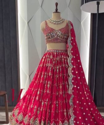 Bridal Wear Heavy Fuax Georgette Embroidered Sequence With Real Mirror Work Lehengas Choli With Dupatta