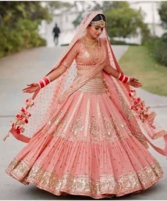 Bridal Wear Heavy Fuax Georgette Embroidered Sequence Work Lehengas Choli With Dupatta