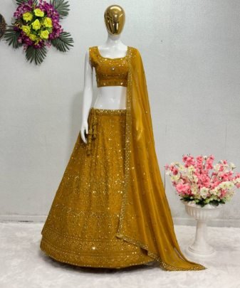 Bridal Wear Heavy Fuax Georgette Embroidery Sequence Work Lehengas Choli With Dupatta