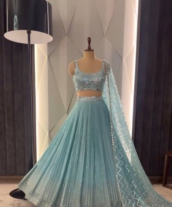Bridal Wear Heavy Fuax Georgette Embroidered Sequence Work With Real Mirror Hand Work Lehengas Choli