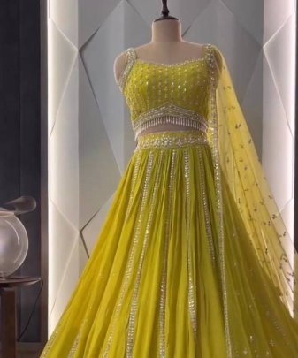 Bridal Wear Heavy Fuax Georgette Embroidered Sequence Work With Real Mirror Hand Work Lehengas Choli