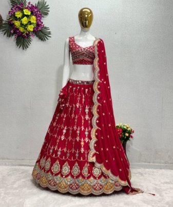 Bridal Wear Heavy Fuax Georgette Embroidered Sequence With Real Mirror Work Lehengas Choli With Dupatta