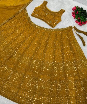 Bridal Wear Heavy Fuax Georgette Embroidered Sequence Work Lehengas Choli With Dupatta