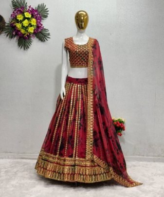 Bridal Wear Heavy Fuax Georgette Embroidered Sequence Work Lehengas Choli With Dupatta