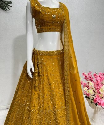 Bridal Wear Heavy Fuax Georgette Embroidery Sequence Work Lehengas Choli With Dupatta