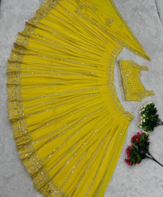 Bridal Wear Heavy Fuax Georgette Embroidered Sequence Work With Real Mirror Hand Work Lehengas Choli