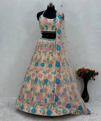 Bridal Wear Heavy Fuax Georgette Embroidered Sequence Work Lehengas Choli With Dupatta