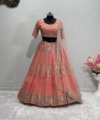 Bridal Wear Heavy Fuax Georgette Embroidered Sequence Work Lehengas Choli With Dupatta