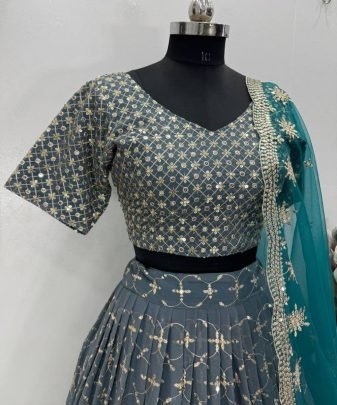 Bridal Wear Heavy Fuax Georgette Embroidered Sequence Work Lehengas Choli With Dupatta