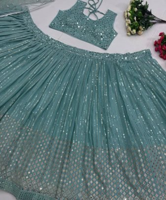 Bridal Wear Heavy Fuax Georgette Embroidered Sequence Work With Real Mirror Hand Work Lehengas Choli