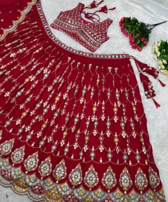 Bridal Wear Heavy Fuax Georgette Embroidered Sequence With Real Mirror Work Lehengas Choli With Dupatta