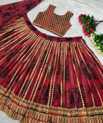 Bridal Wear Heavy Fuax Georgette Embroidered Sequence Work Lehengas Choli With Dupatta