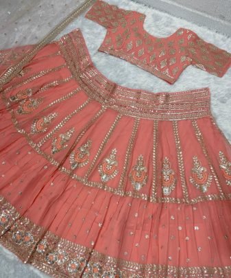 Bridal Wear Heavy Fuax Georgette Embroidered Sequence Work Lehengas Choli With Dupatta