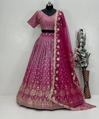 Bridal Wear Heavy Fuax Georgette Embroidered Sequence Work Lehengas Choli With Dupatta