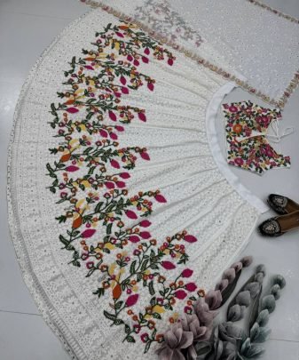 Bridal Wear Heavy Fuax Georgette Chine Sequence Work Lehengas Choli With Dupatta