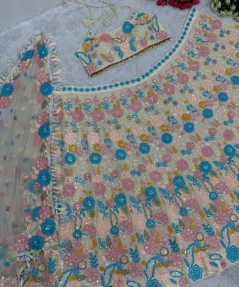 Bridal Wear Heavy Fuax Georgette Embroidered Sequence Work Lehengas Choli With Dupatta