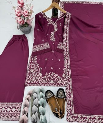 Designer Heavy Franch Crap Embroidered Sequence Work With Fancy Top plazzo Dupatta Set