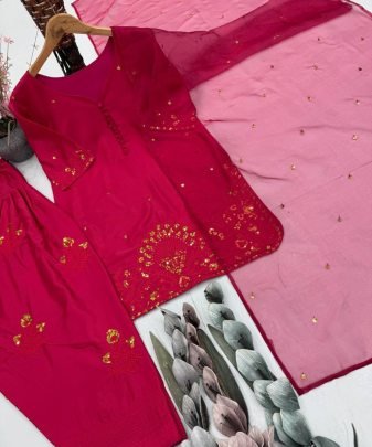 Designer Heavy Franch Crap Embroidered Sequence Work With Fancy Top plazzo Dupatta Set