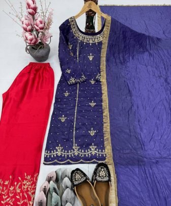 Designer Heavy Gold Crushe Embroidered Sequence Work With Fancy Top pent Dupatta Set