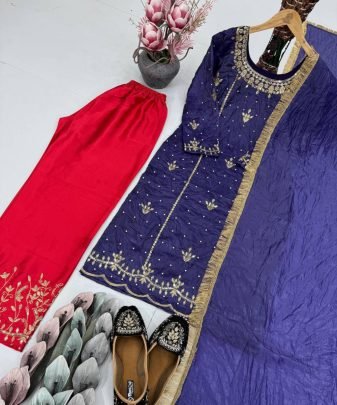 Designer Heavy Gold Crushe Embroidered Sequence Work With Fancy Top pent Dupatta Set