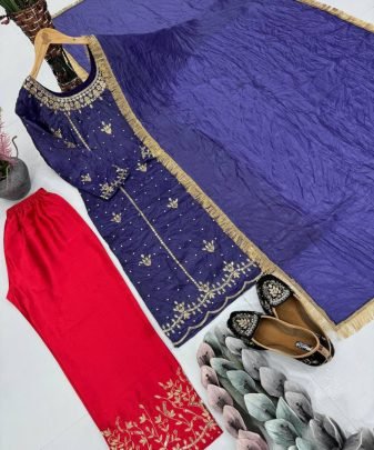 Designer Heavy Gold Crushe Embroidered Sequence Work With Fancy Top pent Dupatta Set