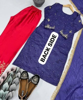 Designer Heavy Gold Crushe Embroidered Sequence Work With Fancy Top pent Dupatta Set