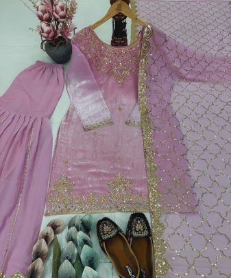 Designer Heavy Jimmy Choo Organza Embroidered Sequence Work With Fancy Top Sharara Dupatta Set