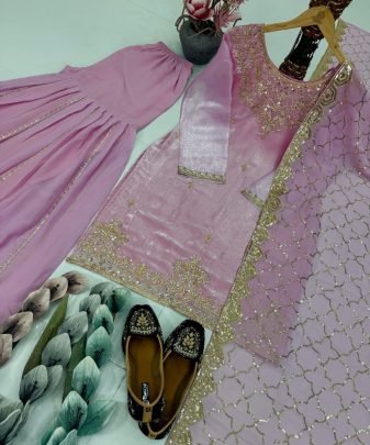 Designer Heavy Jimmy Choo Organza Embroidered Sequence Work With Fancy Top Sharara Dupatta Set