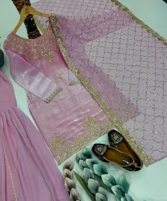 Designer Heavy Jimmy Choo Organza Embroidered Sequence Work With Fancy Top Sharara Dupatta Set