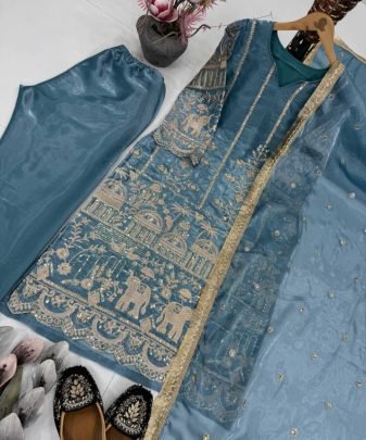 Designer Heavy Jimmy Choo Organza Chine Sequence Work 3 Pis Suit Set