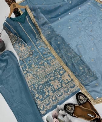 Designer Heavy Jimmy Choo Organza Chine Sequence Work 3 Pis Suit Set