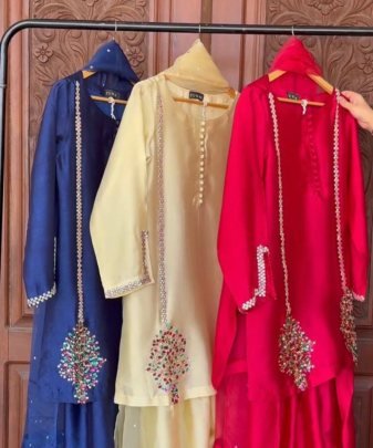 Designer Heavy Natural Creap Embroidered Sequence Work With Fancy Top pent Dupatta Set