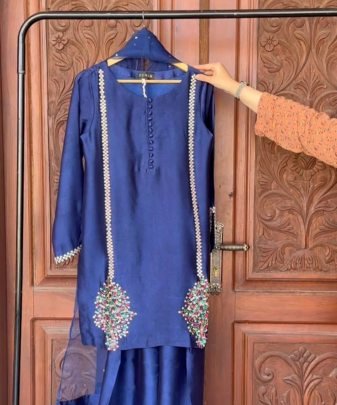 Designer Heavy Natural Creap Embroidered Sequence Work With Fancy Top pent Dupatta Set