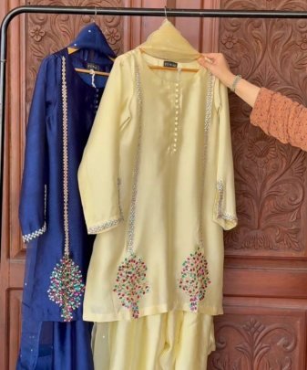 Designer Heavy Natural Creap Embroidered Sequence Work With Fancy Top pent Dupatta Set