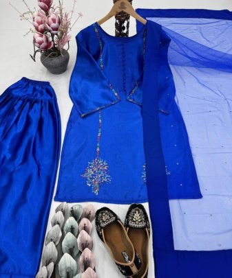 Designer Heavy Natural Creap Embroidered Sequence Work With Fancy Top pent Dupatta Set