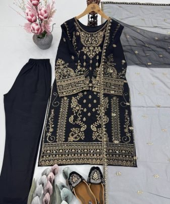 Designer Heavy Natural Creap Embroidered Sequence Work With Fancy Top pent Dupatta Set