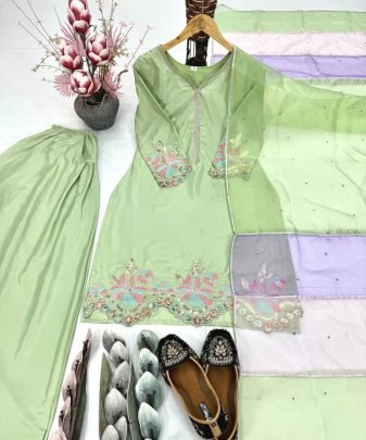 Designer Heavy Natural Creap Embroidered Sequence Work With Fancy Top pent Dupatta Set