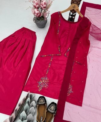 Designer Heavy Natural Creap Embroidered Sequence Work With Fancy Top pent Dupatta Set