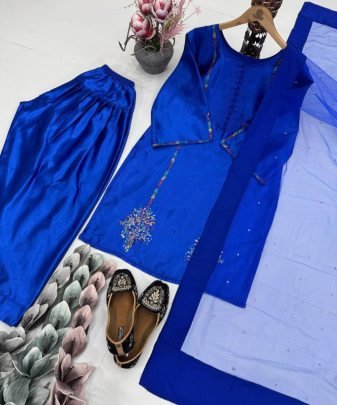 Designer Heavy Natural Creap Embroidered Sequence Work With Fancy Top pent Dupatta Set