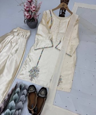 Designer Heavy Natural Creap Embroidered Sequence Work With Fancy Top pent Dupatta Set