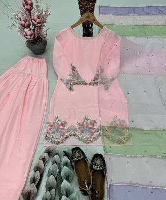 Designer Heavy Natural Creap Embroidered Sequence Work With Fancy Top pent Dupatta Set