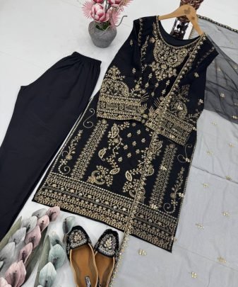 Designer Heavy Natural Creap Embroidered Sequence Work With Fancy Top pent Dupatta Set