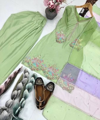 Designer Heavy Natural Creap Embroidered Sequence Work With Fancy Top pent Dupatta Set