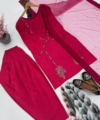 Designer Heavy Natural Creap Embroidered Sequence Work With Fancy Top pent Dupatta Set