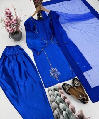 Designer Heavy Natural Creap Embroidered Sequence Work With Fancy Top pent Dupatta Set