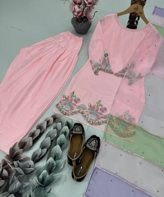 Designer Heavy Natural Creap Embroidered Sequence Work With Fancy Top pent Dupatta Set