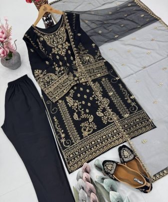 Designer Heavy Natural Creap Embroidered Sequence Work With Fancy Top pent Dupatta Set