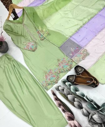 Designer Heavy Natural Creap Embroidered Sequence Work With Fancy Top pent Dupatta Set